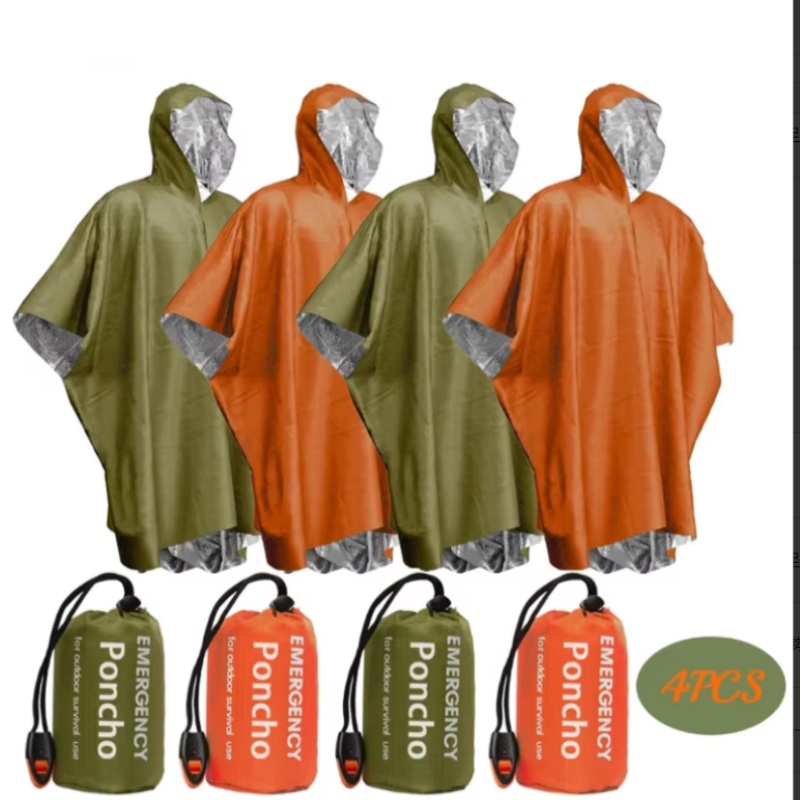 Survival Blanket Reflective - Tragbarer Notfallponcho 4-teiliges Set, thermoreflektierende isolierte